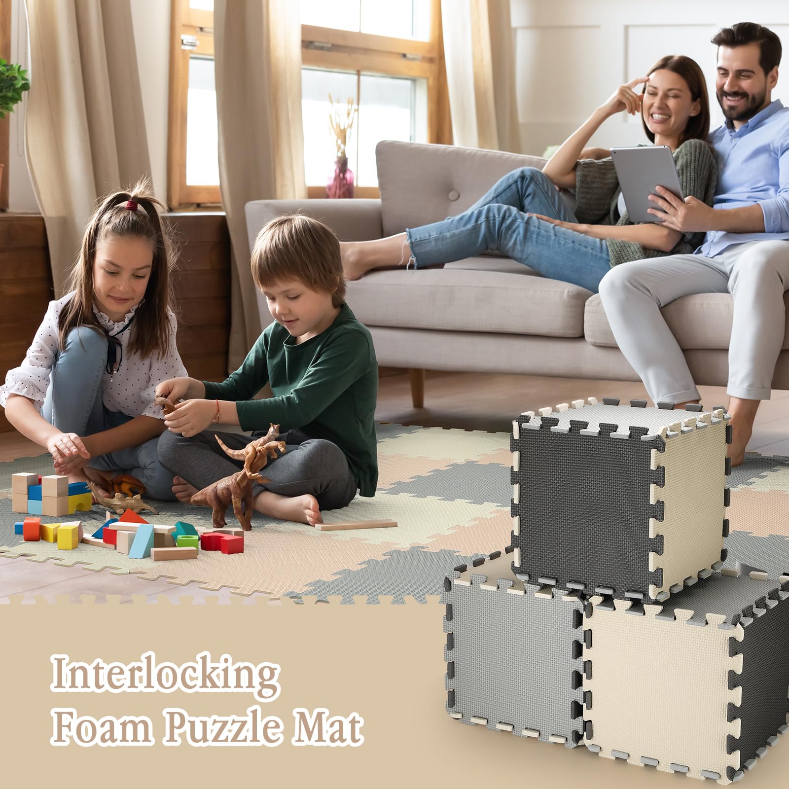 Nuanchu 60 Pcs Kids Foam Puzzle Floor Mat Bulk Solid Color Foam Play Mat with Borders Interlocking Multi Use Floor Rug for Baby Toddler Children Crawling Exercise Playroom 12 inch (White, Cream, Gray)