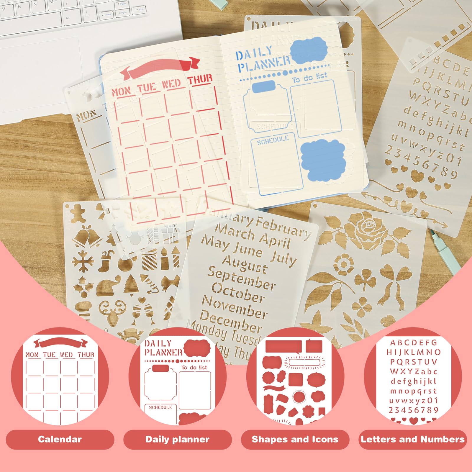 24PCS Bullet Journal Stencils for A5 Planners, Reusable Journal Stencils and Planner Templates Set, DIY Journaling Supplies for Notebook/Diary/Calendar Layout Design and Tracking