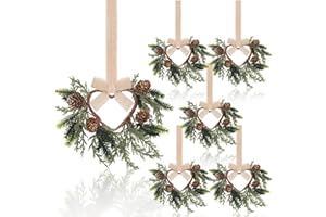 Dingion 6 Pcs 6" Christmas Mini Cabinet Cedar Wreaths for Kitchen with Ribbon Bows Artificial Cedar and Pine Cone Small Window Wreath for Window Door Farmhouse Christmas Party Decorations