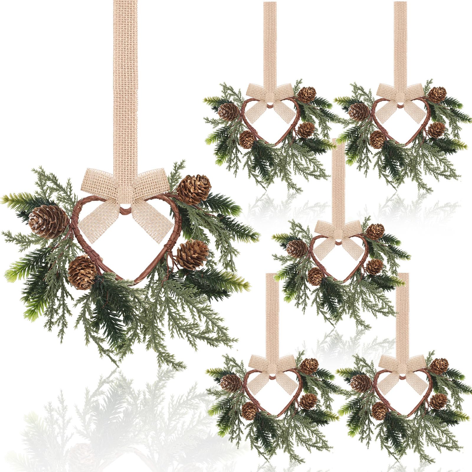Photo 1 of Dingion 6 Pcs 6" Christmas Mini Cabinet Cedar Wreaths for Kitchen with Ribbon Bows Artificial Cedar and Pine Cone Small Window Wreath for Window Door Farmhouse Christmas Party Decorations