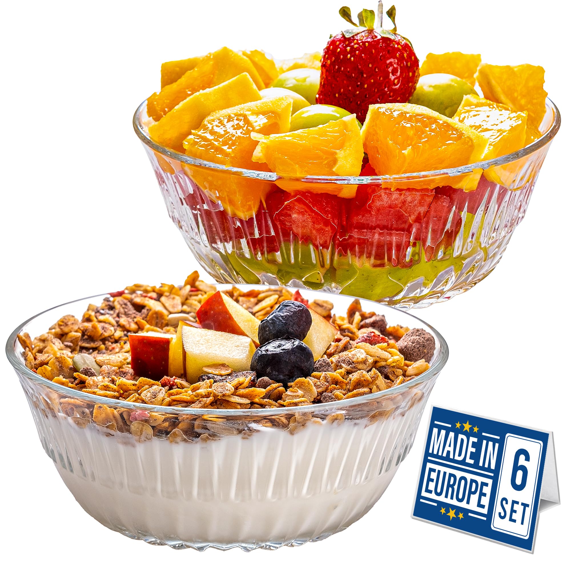 Crystalia Premium Quality Stackable Glass Dessert Bowls, Set of 6, 345cc 100% Lead & Cadmium Free, Glass Salad and Side Bowls, Snack and Sauce Bowls, Dessert Bowl, Pudding Bowl