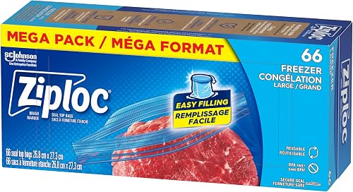 Ziploc Large Freezer Bags, Prevents Freezer Burn, Microwave & Freezer Safe, New Stay-Open Design, Stand-Up Bottom, BPA Free, 66 Count