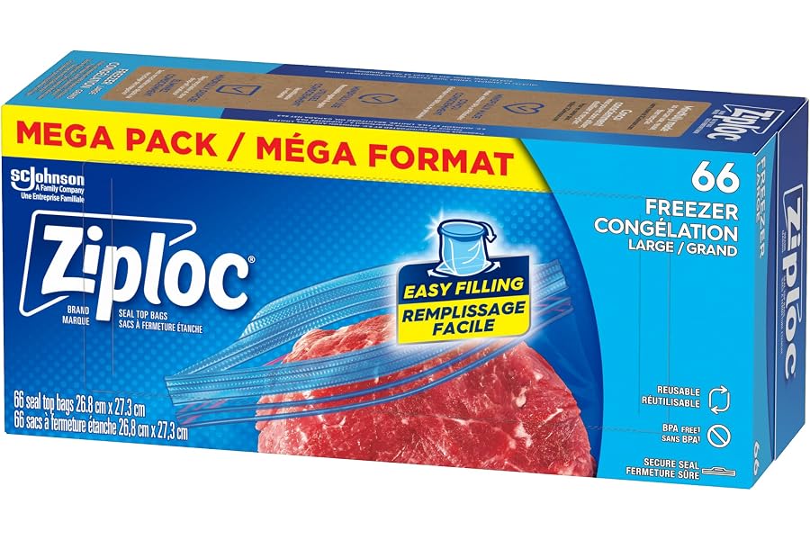 Ziploc Large Freezer Bags, Prevents Freezer Burn, Microwave & Freezer Safe, New Stay-Open Design, Stand-Up Bottom, BPA Free,