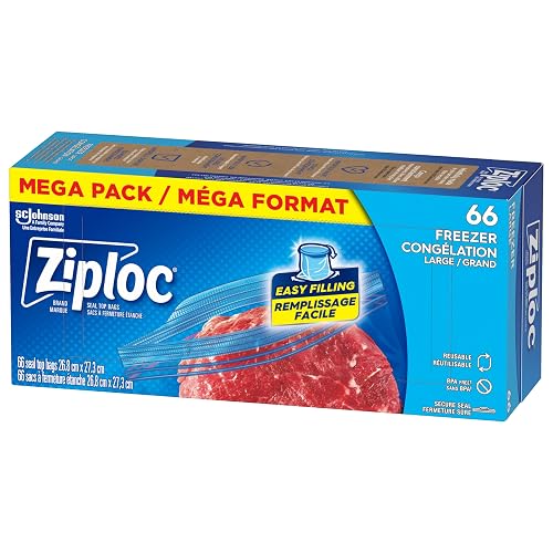 Ziploc Large Freezer Bags, Prevents Freezer Burn, Microwave & Freezer Safe, New Stay-Open Design, Stand-Up Bottom, BPA Free, 66 Count