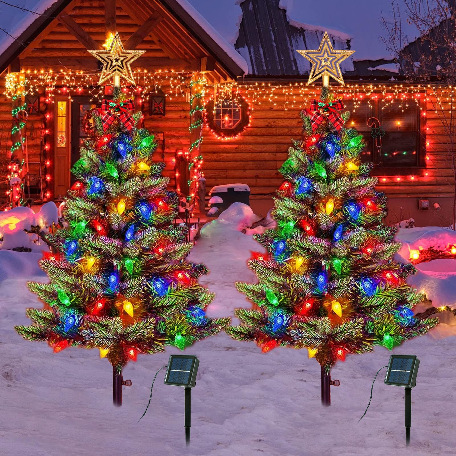 Photo 1 of **SOLAR PANELS & LIGHTS MISSING ***** Upgraded 2-Pack 3.6 FT Solar Christmas Tree, Outdoor Christmas Decorations, Xmas Tree Solar Powered with 100 LED Multi-Color C6 String Lights, Suitable for Outside Garden Patio Yard Pathway