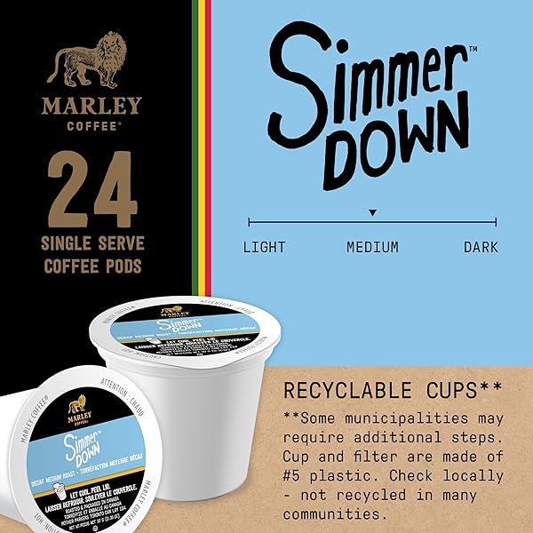 MARLEY COFFEE SIMMER DOWN DECAF, SWISS WATER PROCESS, MEDIUM ROAST COFFEE, KEURIG K-CUP BREWER COMPATIBLE PODS, 24 COUNT