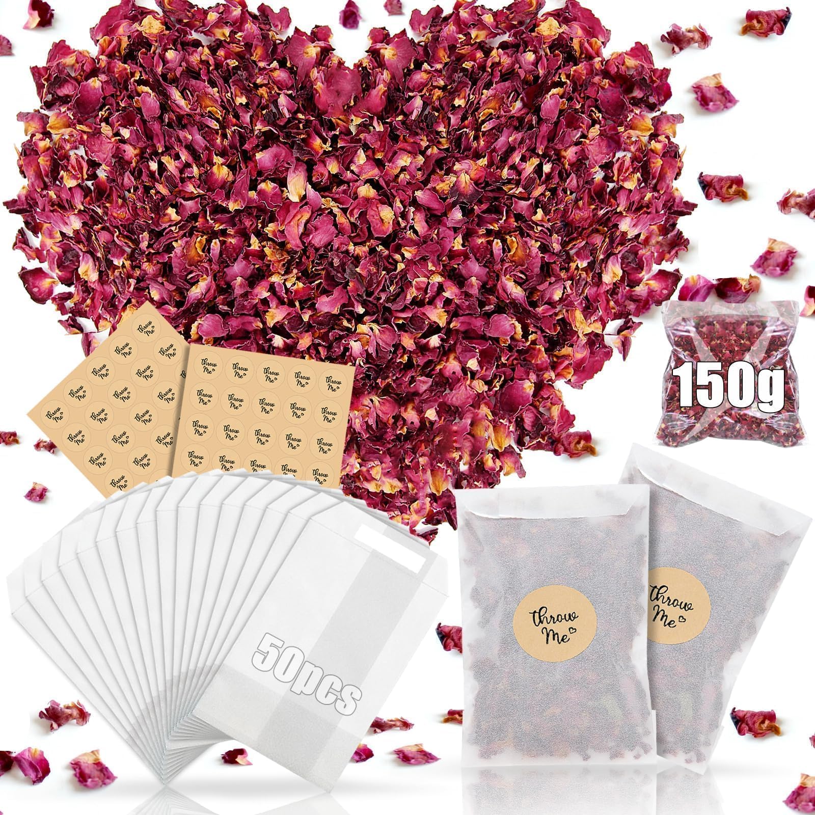Mbsomnus 50 Sets Wedding Confetti Bags Kit 150G Dried Rose Petals Natural Biodegradable Confetti Glassine Paper Bags Wedding Confetti Stickers Dried Petal for Table Decor Wedding Anniversary Party