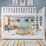 Merax Double Bunk Bed with Ladder Slide 2 Drawers Shelf Pine White 2 x 90x190cm view 1