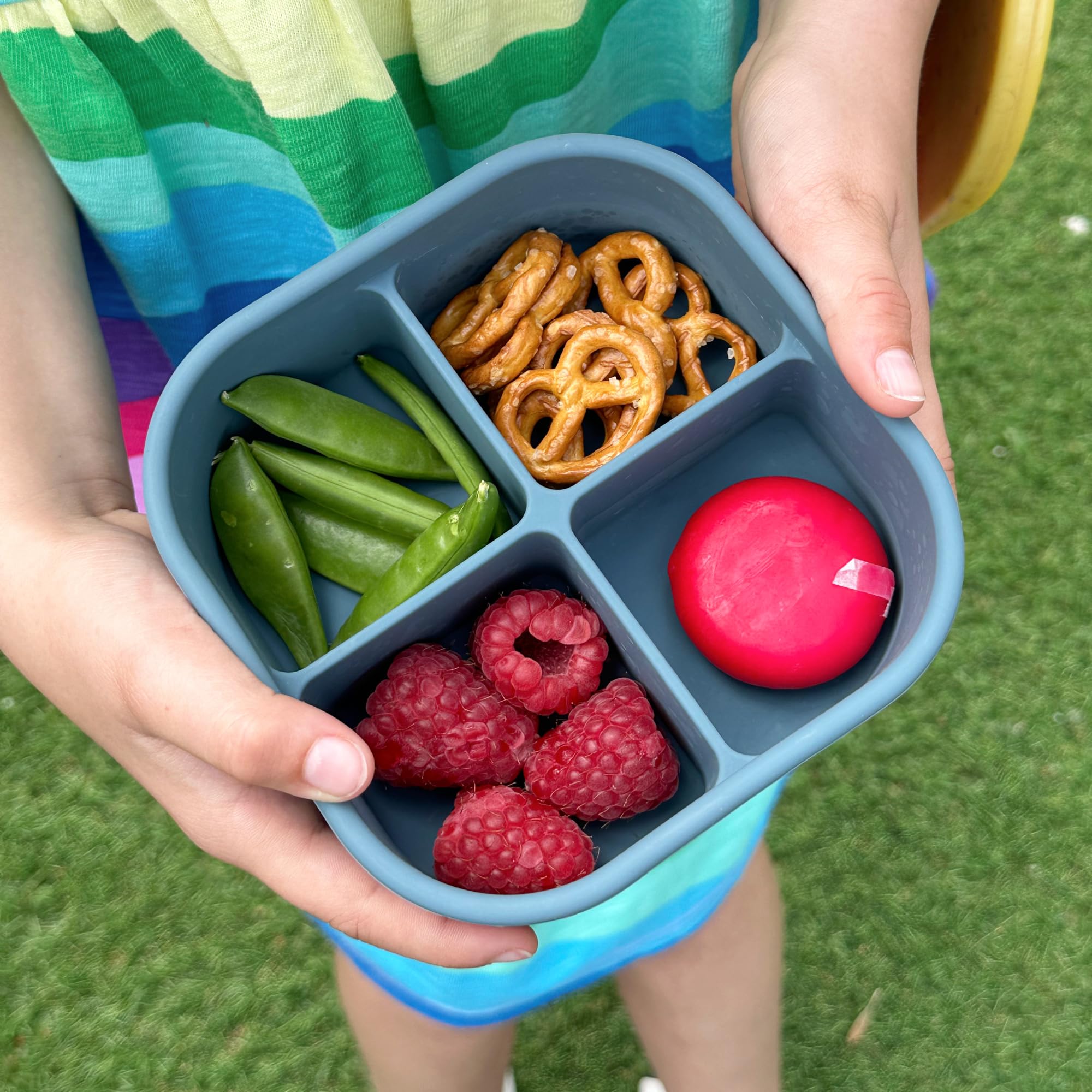 Pick Box Snack | 4 Compartment Square Silicone Snack Box | Drop Proof & Leak Proof | Snack Box for Kids (Blue & Yellow)