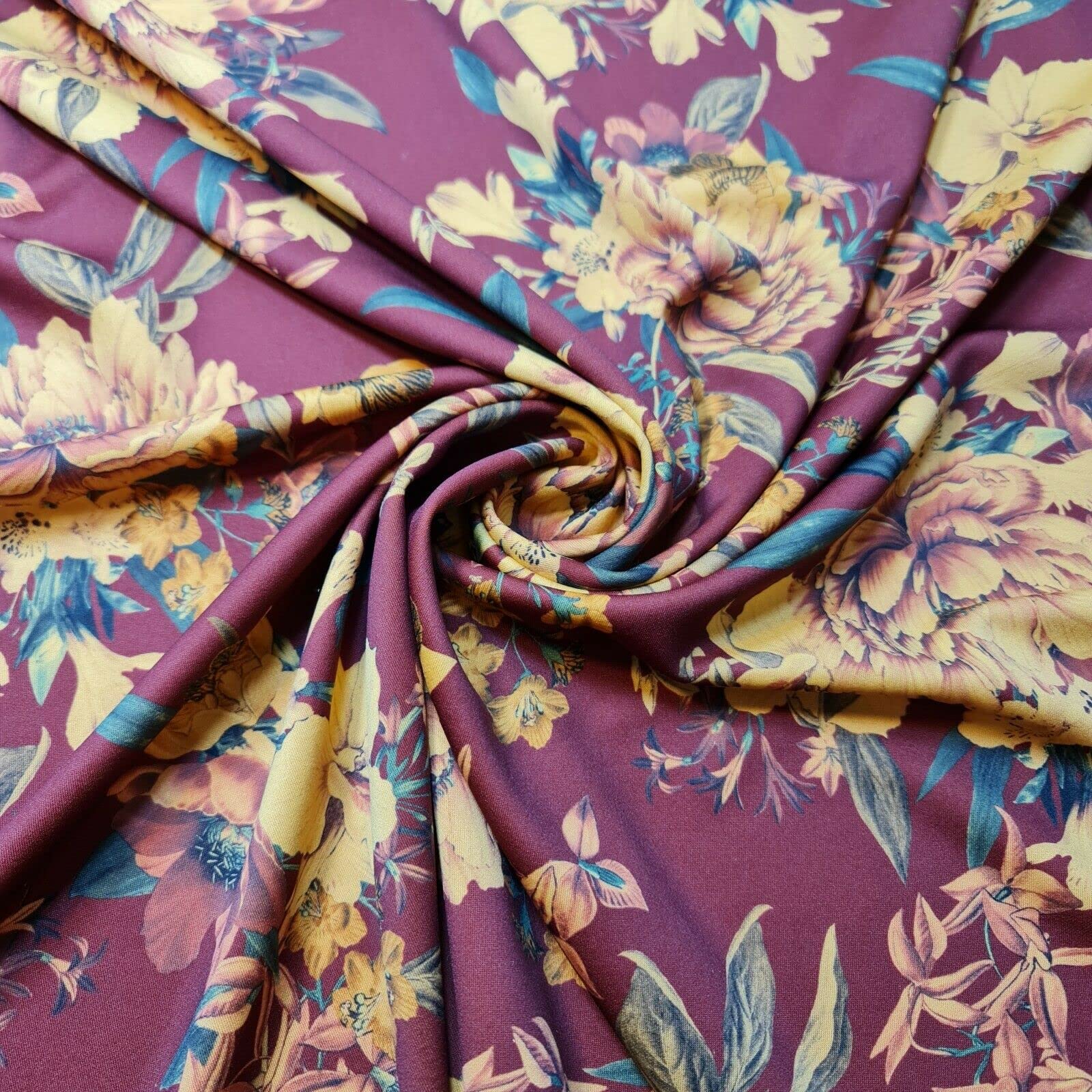 Plain & Printed Scuba Crepe Jersey Stretch Spandex Fabric – Dressmaking Material for Casual & Formal Wear | 58" (150cm) Wide | Sold Per Meter (Pre-Cut Lengths) (Red Mustard Floral)