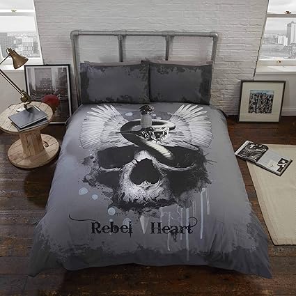 Rebel Heart Bettwäsche Bettbezug und Kissenbezüge Set Gothic Totenkopf, Grau, Single