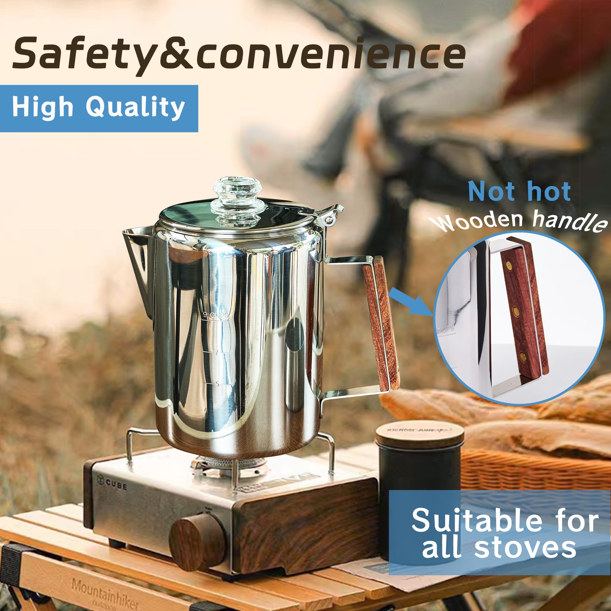 Camping-Fire Coffee Percolator Stovetop Pot- Stainless Steel Stove top Coffee Pot, Unleash Flavor in the Great Outdoors (9 Cups)