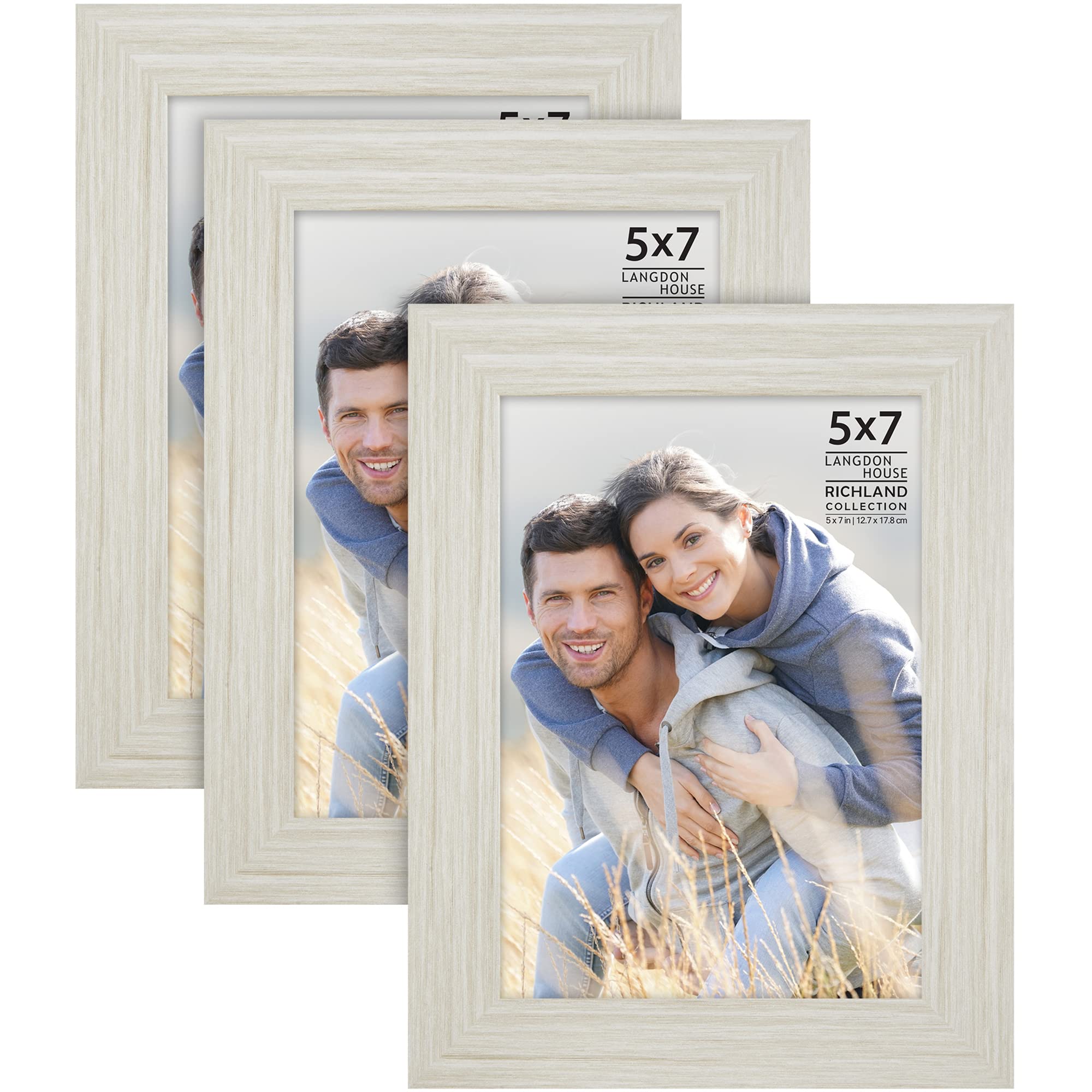 Langdon House 7x5 Picture Frames (Almond White, 3 Pack), Wood Grain Style, Wall Mount or Table Top, Richland Collection