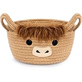 Hkojewp Highland Cute Cow Basket for Nursery, Small Shower Gift Basket, Round Woven Rope Cotton Storage, Baby Blanket 0rganizer with Ears Handles, Blanket Towel Decor Storage Bins, 10.7"D x 4.4"H in
