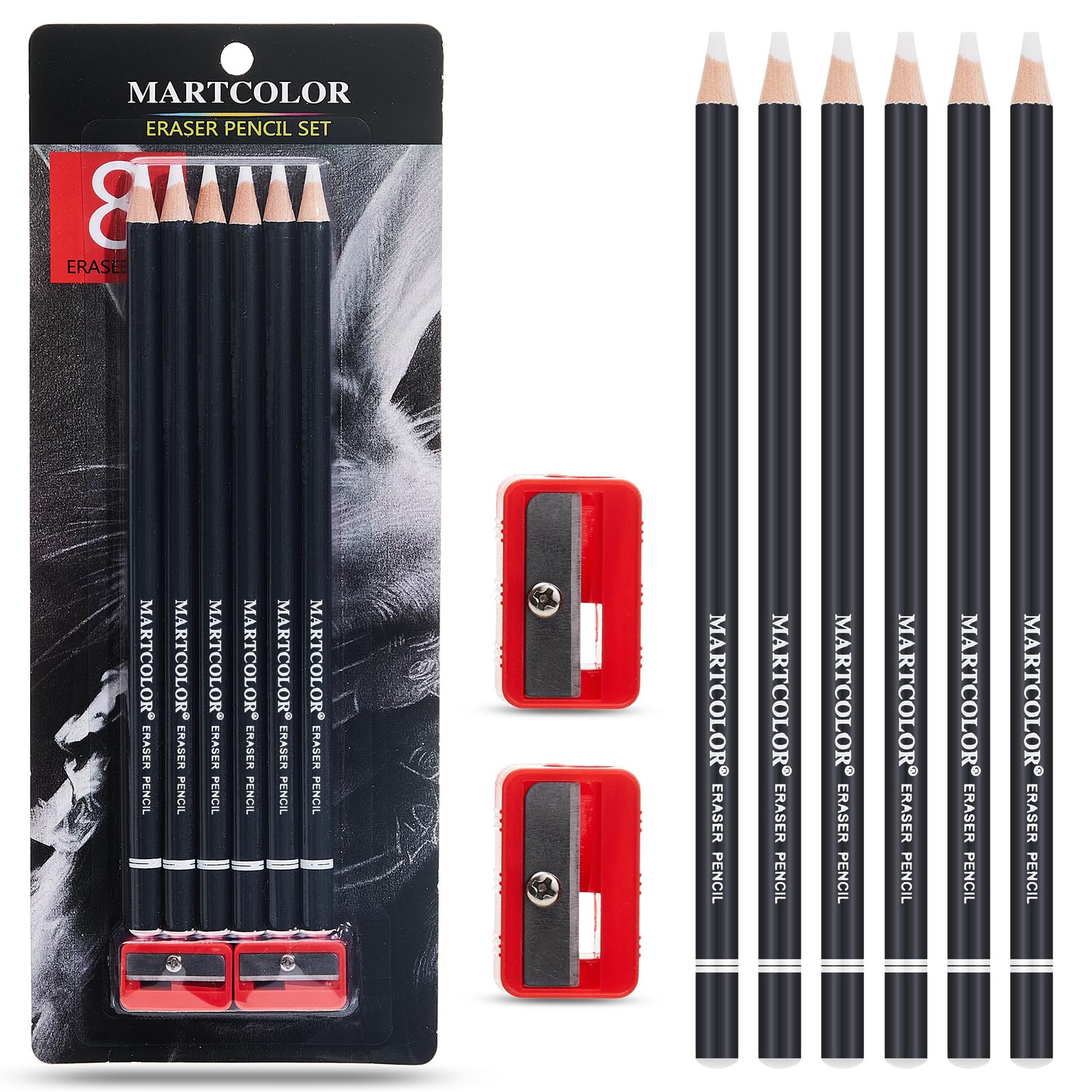 MARTCOLOR Professional Eraser Pencil Set, 6pc Eraser Pencils and 2pc Sharpener, Erasing Small Details or add Highlights for Sketching, Charcoal Drawings. Fine Detail Eraser for Beginners & Artists