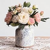 Ronasip Blue Camellia Chinoiserie Vase, 6.2” Crackled White Ceramic Vase with Antique Distressed Edges, Hand-Painted Vintage