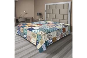Ambesonne Moroccan Flat Sheet, Patchwork Pattern Different Colorful Original Tunisian, Soft Comfortable Top Sheet Decorative Bedding 1 Piece, California King, Green Blue Rust