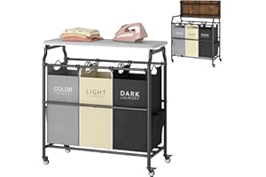 Hoctieon 3 Section Laundry Sorter Cart with Ironing Board, Laundry Hamper Basket with Shelf and Wheels, Heavy Duty Clothes Organizer, Large Clothes Separator with Removable Bags, Black+Gray+Beige