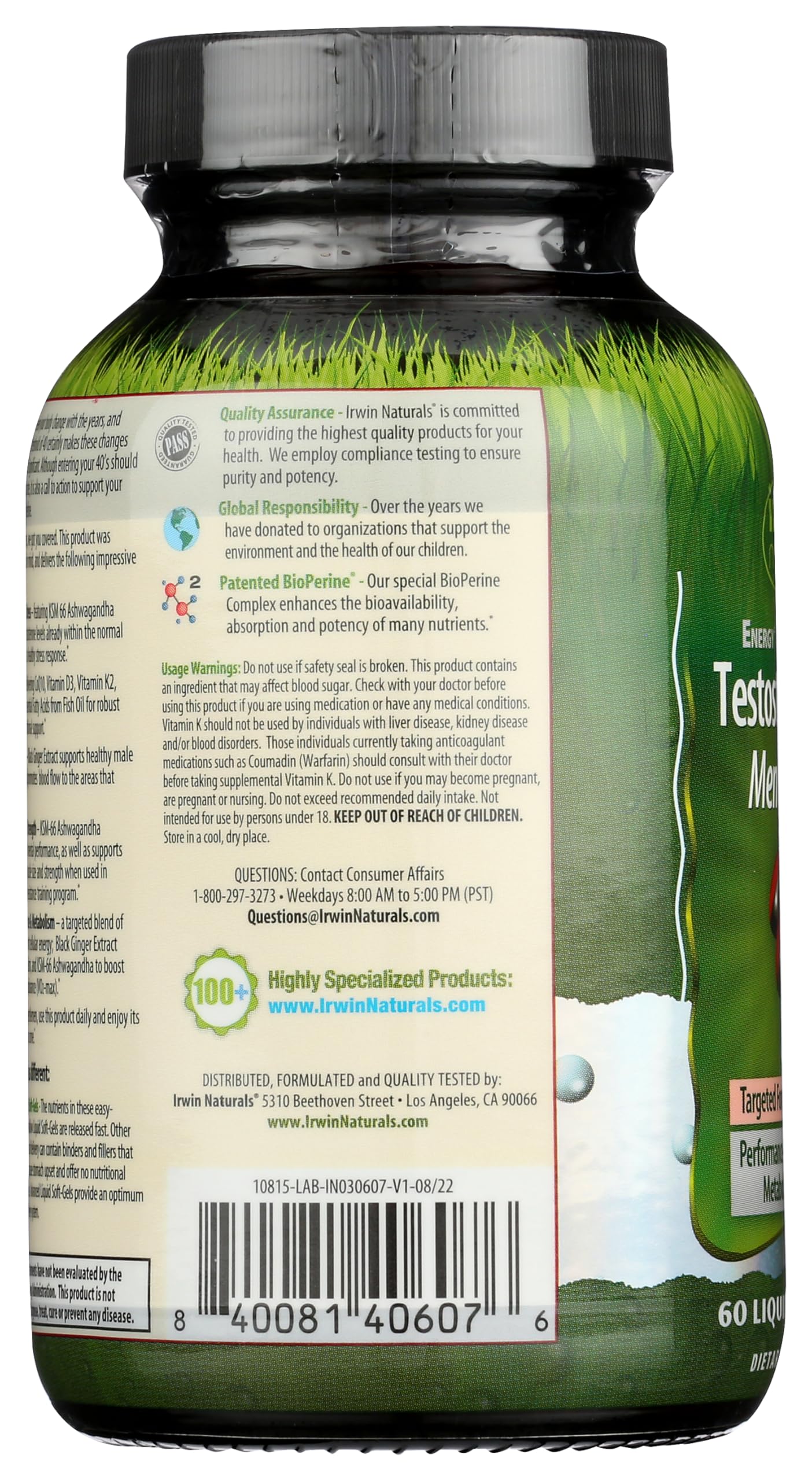 Irwin Naturals Energy '&' Endurance Testosterone Up Men Over 40 60 Sgels