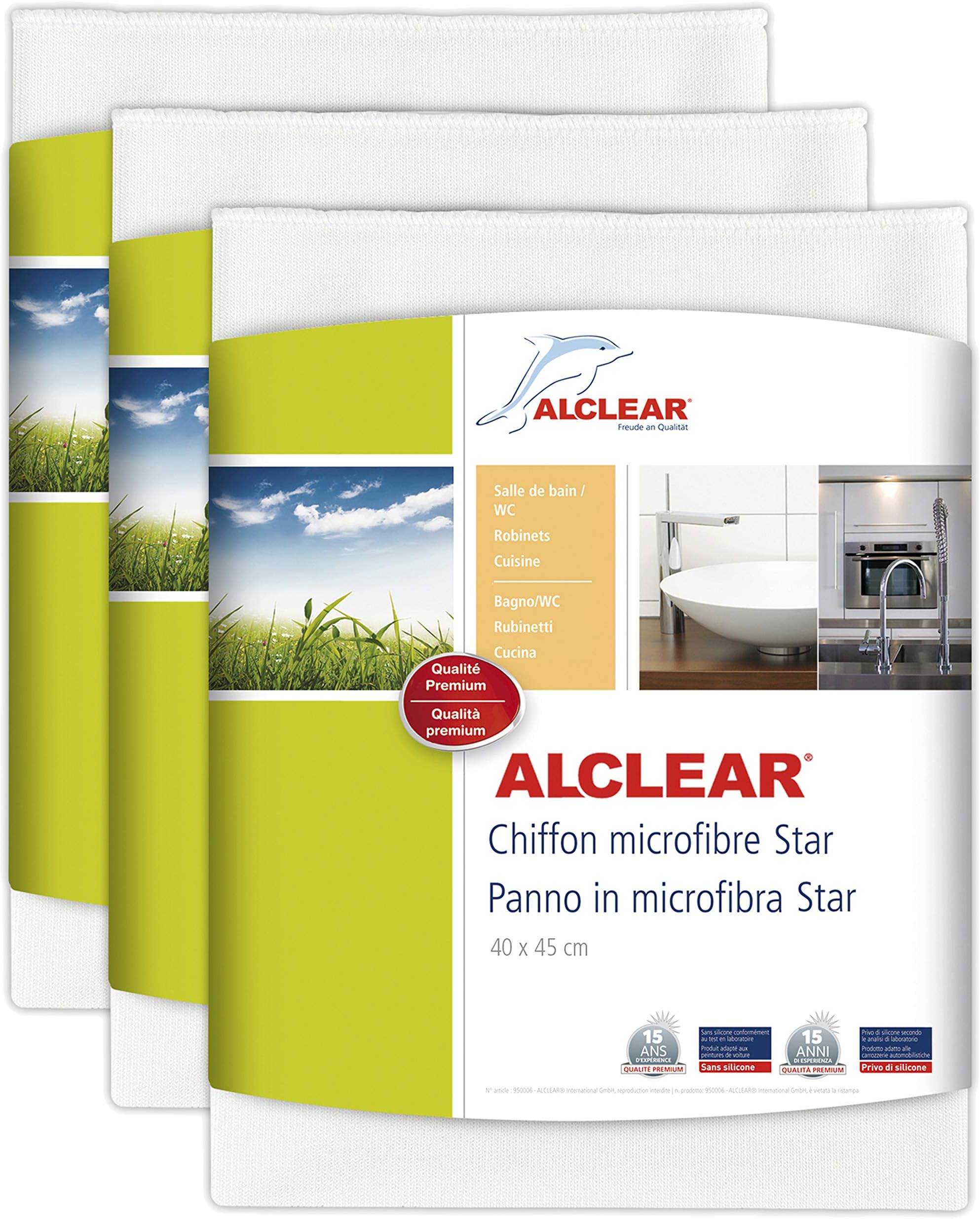 ALCLEAR 950006_3 Microfibre Star Cloths, Set of 3, Special Cloth for Bathroom and Kitchen, Removes Limescale Without Cleaning Agents, 40 x 45 Without Chemicals, Suitable for Allergy Sufferers