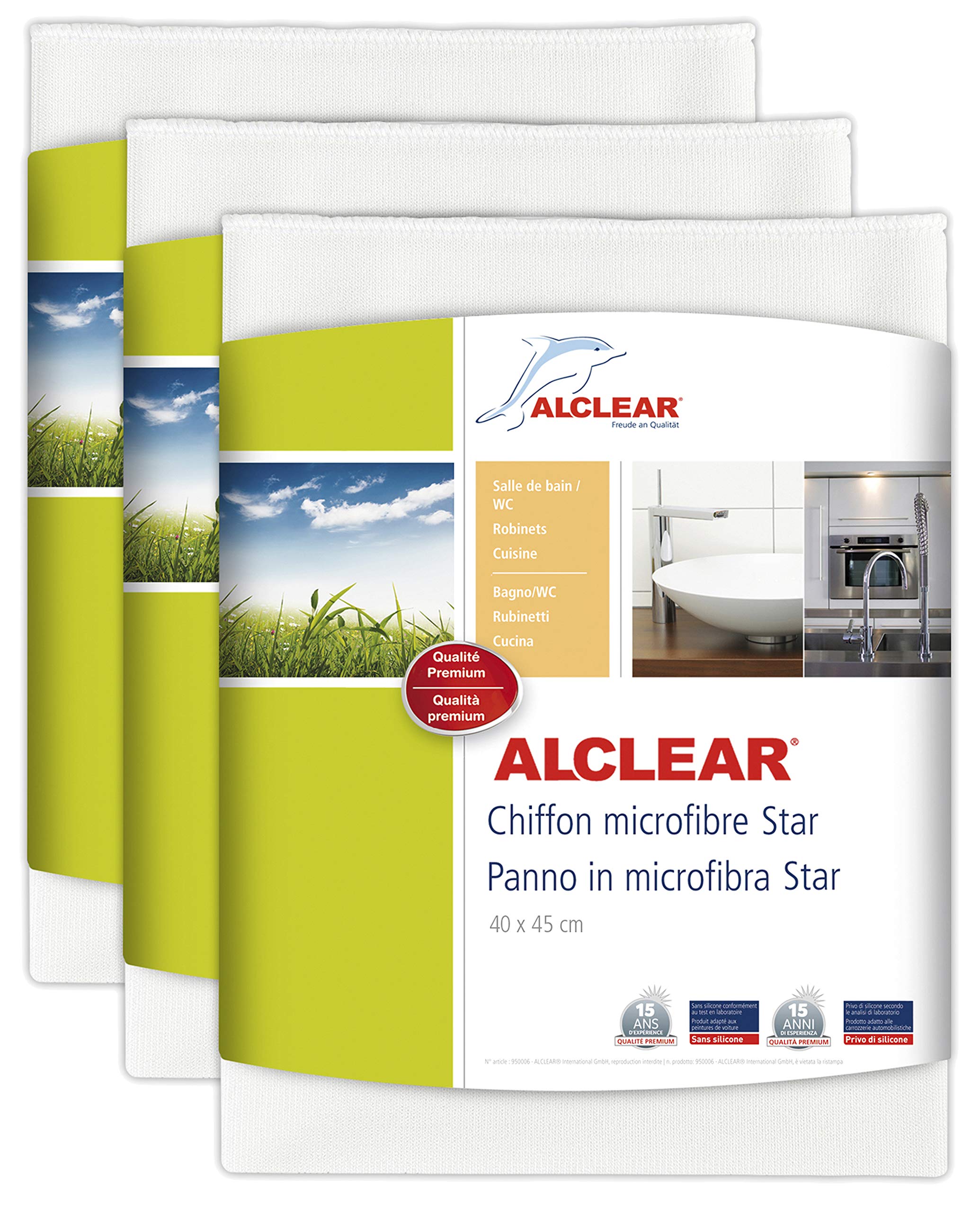 ALCLEAR 950006_3 Microfibre Star Cloths, Set Of 3, Special Cloth For Bathroom And Kitchen, Removes Limescale Without Cleaning Agents, 40 X 45 Cm