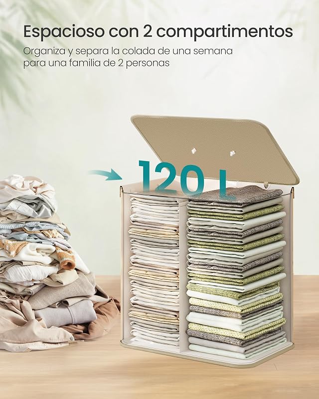 Cesto de la Ropa Sucia con Tapa, 2 compartimentos, 120 L, Cesta de Lavandería de Bambú, Plegable, con Bolsa Lavable Extraíble, Asas, para Lavandería, Dormitorio, Natural LCB014Y01