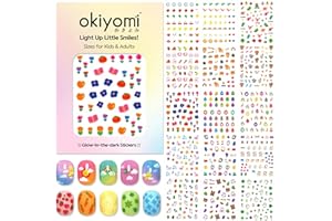 OKIYOMI 15 Sheets of Nail Stickers for Kids - 735 Cute Nail Stickers - Nail Decals for Girls - Flower, Bunny, Unicorn, Bear, Fruits | Glow in The Dark