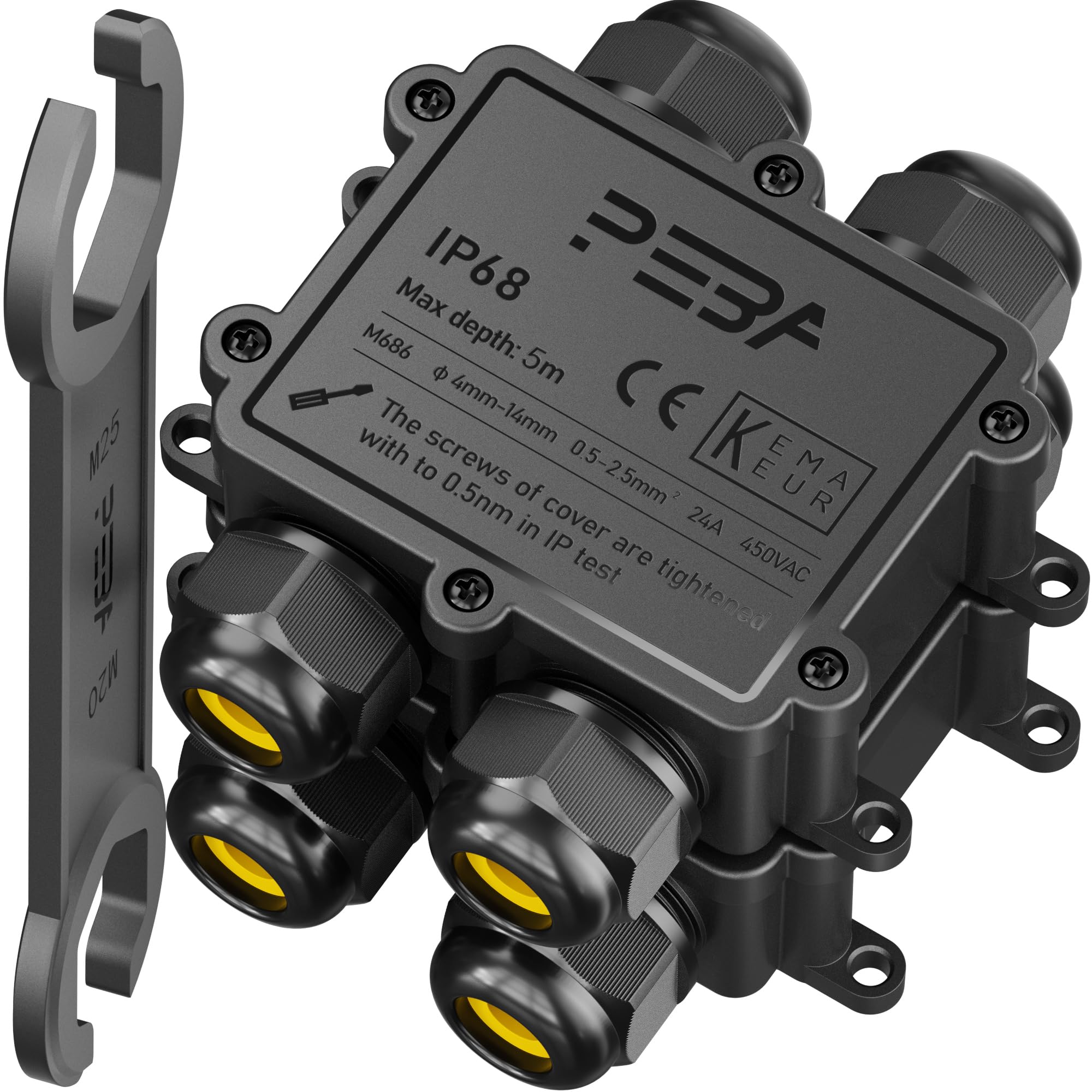 PEBA IP68 Waterproof Junction Box,Waterproof Cable Connector Outdoor, 4-Way Outdoor Cable Connectors, Wire Connector,Extension Electrical Cable Protector for Cable Diameter Ø4mm-14mm Black(2 Pack)