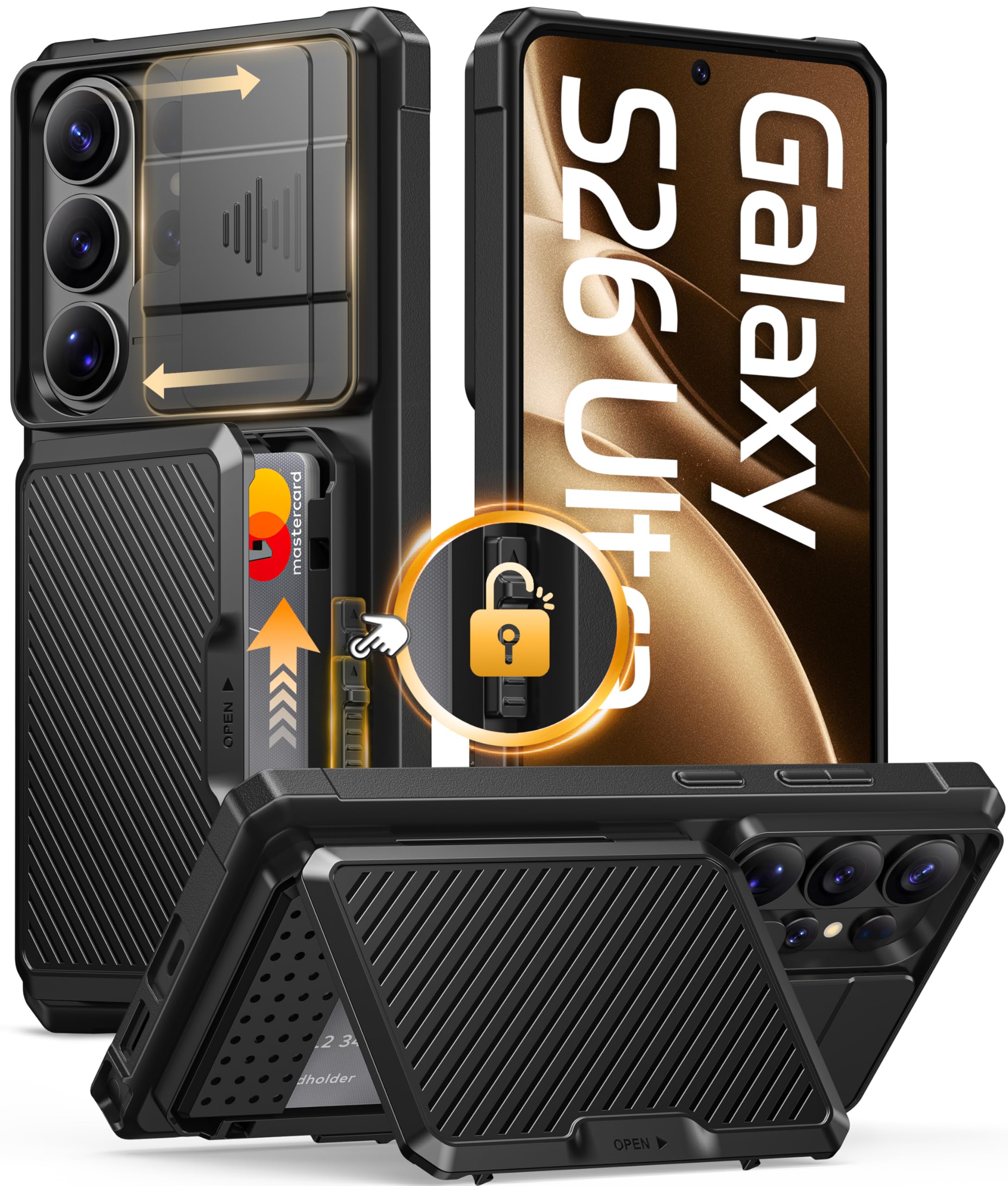 GolbinBox for Samsung Galaxy S26 Ultra Case with Card Holder & Slide Camera Cover, Built-in Safety Lock and RFID Protection, [Holds 4-5 Cards or Cash], Galaxy S26 Ultra Case Wallet 6.9'', Ink Black