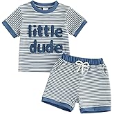 Baby Boy Summer Clothes Little Dude Embroidered Waffle Knit Short Sleeve T-Shirt Shorts Set Toddler Striped Outfit