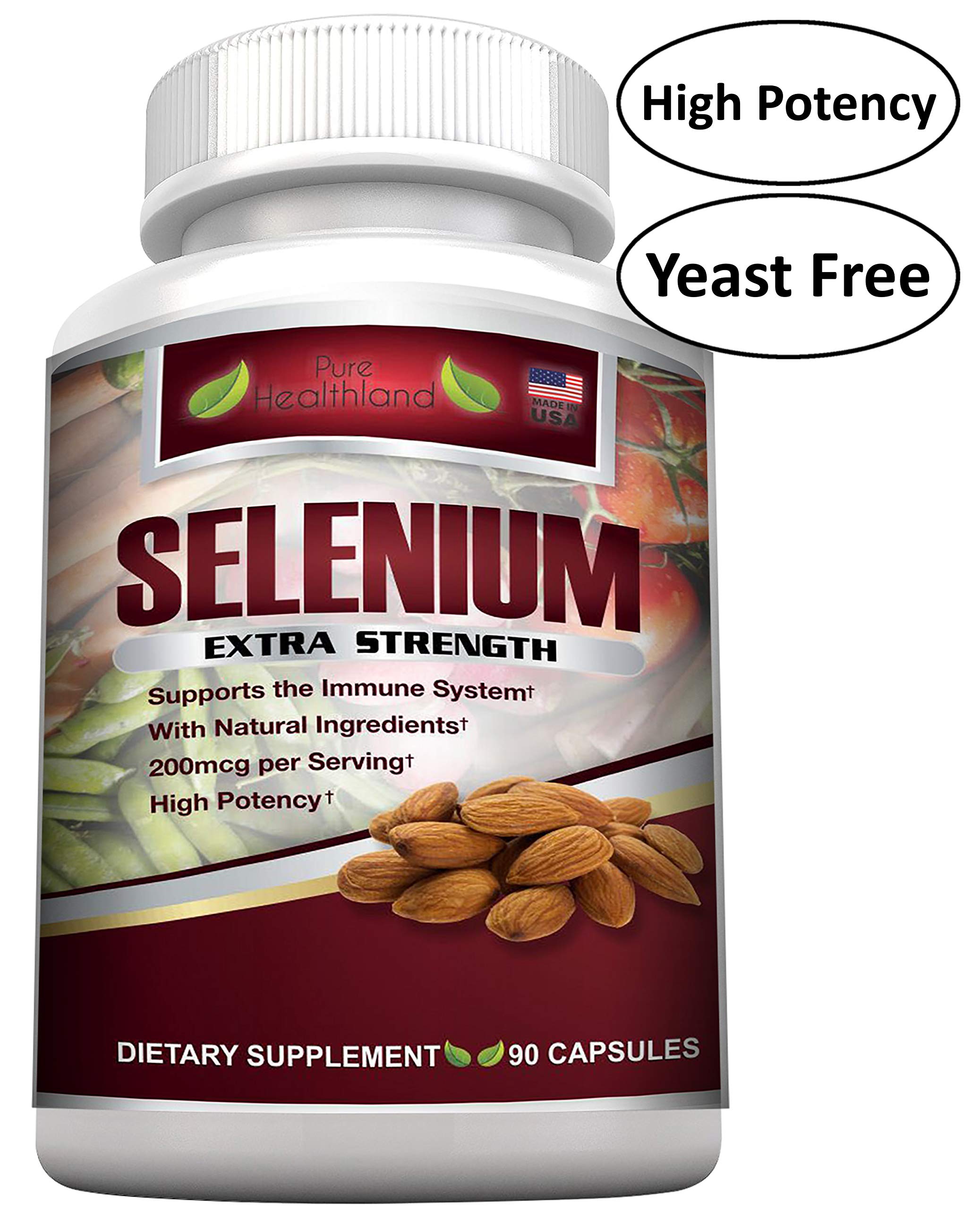 SELENIUM EXTRA STRENGTH Supplement Capsules. Pure Healthland\'s Powerful 200mcg Antioxidant Which Supports Immune System, Heart, Thyroid, & Prostate Health.
