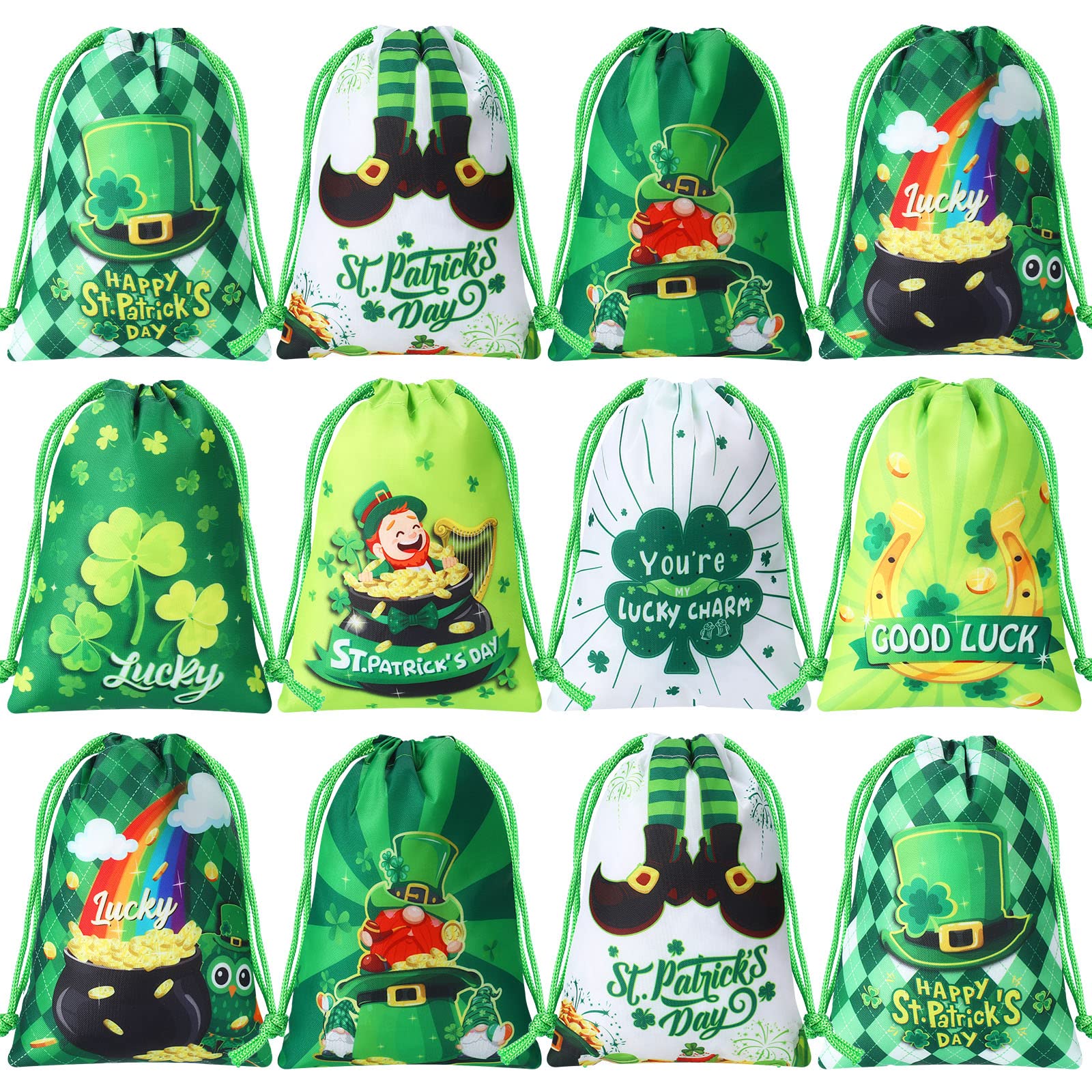 Honoson 24 Pieces St Patrick's Day Party Favor Bags St Patrick's Day Drawstring Bags Lucky Shamrock Treat Candy Pouch for Irish Party Supplies