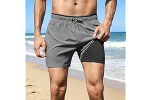 Mens Swim Trunks with Compression Liner 5 Inch Inseam Surfing Board Shorts with Zipped Pockets