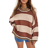 Fnortc Women's Chunky Knit Striped Sweaters Casual Long Sleeve Crew Neck Oversized Pullover Sweater Winter Fall Spring Tops