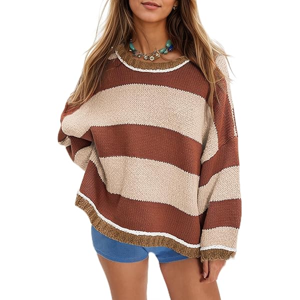 Saodimallsu Womens Color Block Sweater Striped Chunky Knit