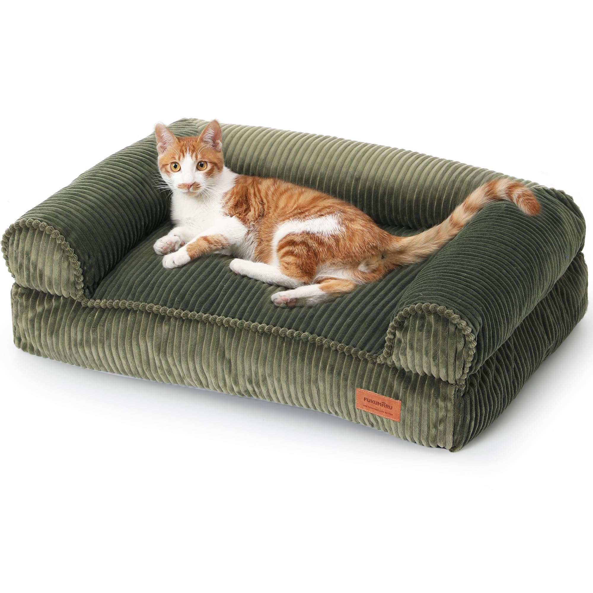 Photo 1 of FUKUMARU Dog Couch Bed, Corduroy Cozy Cat Bed for Indoor Cats with Washable Cover, Supportive Waterproof Dog Beds Sofa for Small Dogs and Large Cats Cute, 28inch, Medium, Green