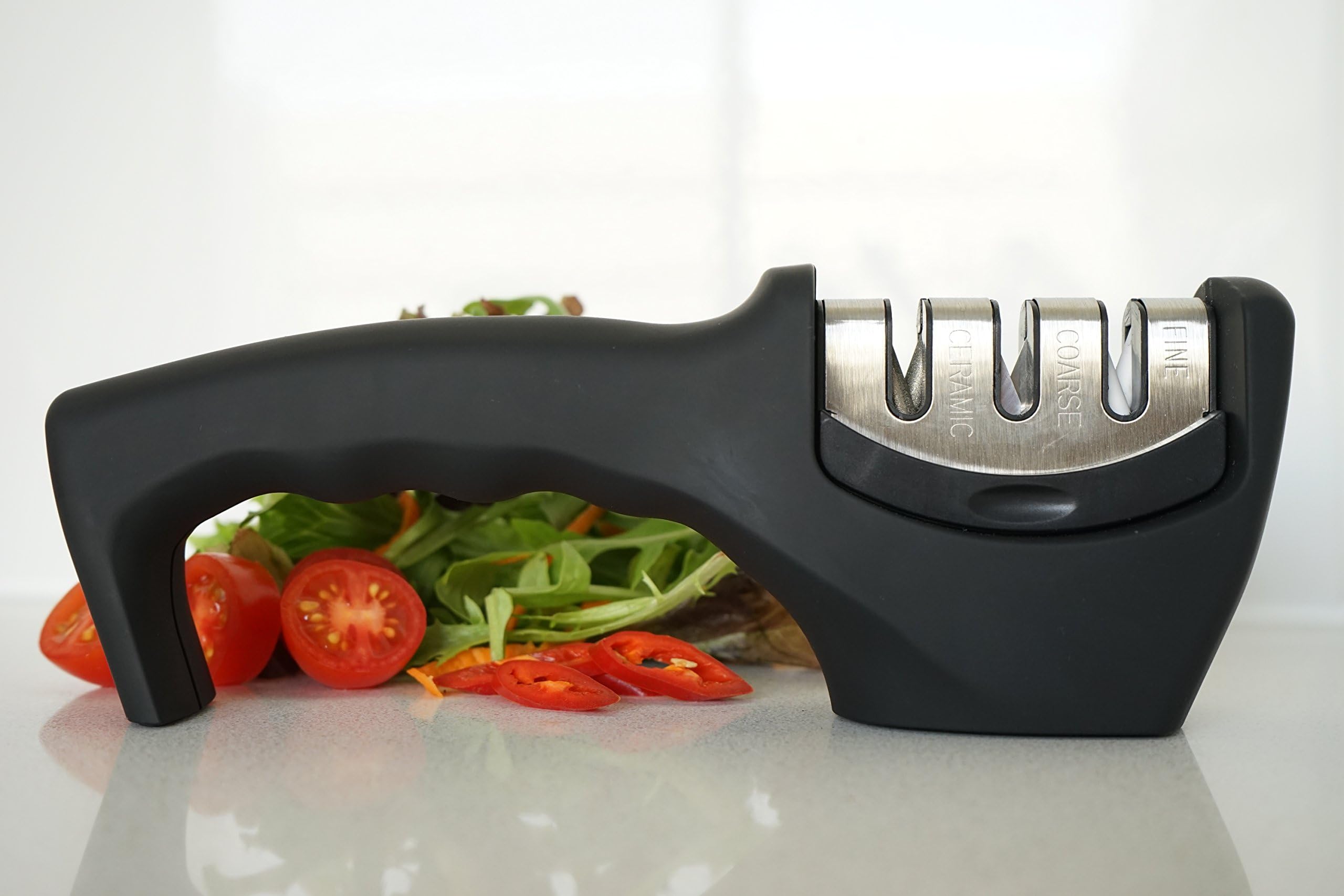 Best Professional Manual Knife Sharpener - Easy Use - Safe - All Knife Sizes - Straight or Ceramic Blades 3-Stage System - Kitchen and Portable