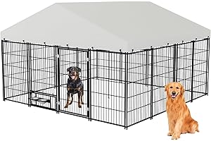 Rovibek 10x10 Ft Outside Dog Kennel with Roof, Large Dog Kennel Outdoor Dogs Cage with 2 Rotating Feeder Bowls, Heavy Duty Dogs Run Enclosure with Waterproof Sun-Proof Cover