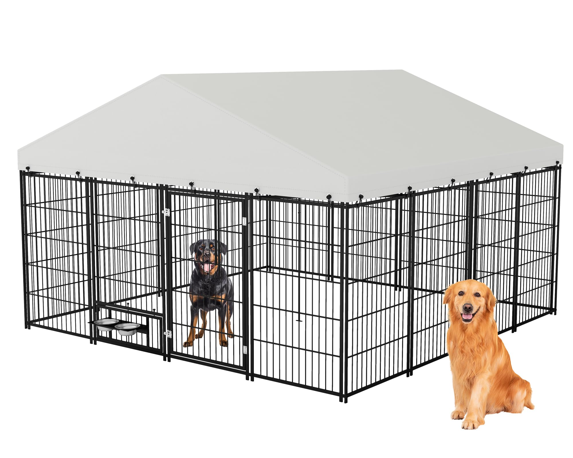 Photo 1 of Rovibek 10x10 FT Dog Kennel Outside, Dog Kennels Outdoor with 2 Height Adjustable Rotating Feeder Bowls, Dog Enclosure Outdoor, Outside Dog Kennel with Roof, Outside Kennel for Large Dogs