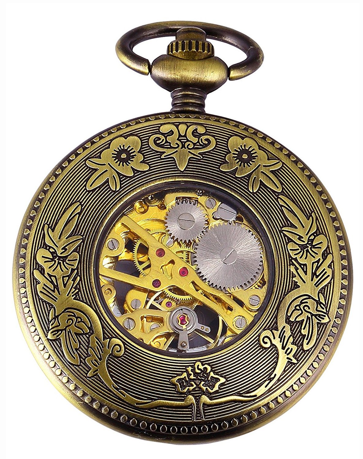 Carrie Hughes Antique Mechanical Pocket Watches for Men Lucky Dragon Phoenix Skeleton Roman Numberals with Chain and Box CH223