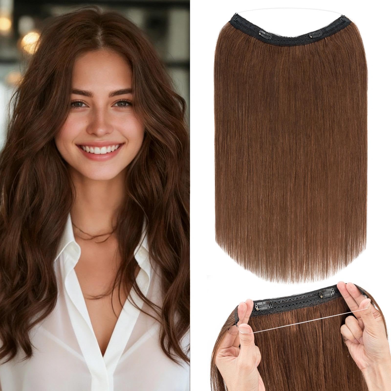 Rich Choices Clip in Hair Extensions Real Human Hair Halo 18 Inch Halo Hair Extension Invisible Wire Hair Straight Remy Seamless One Piece Clips in Hair, 65g #4 Medium Brown — image 1