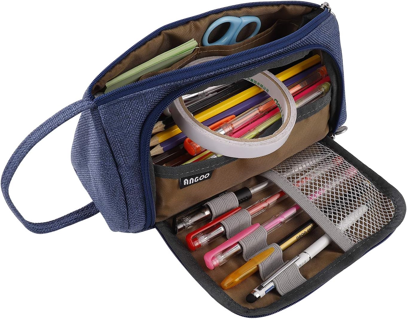 Pencil Pouch Large Capacity Pen Case Holder Durable Canvas Stationery Storage Organizer Women Zipper Cosmetic Bag with Handle for Kids Students Office College Middle High School (Blue)