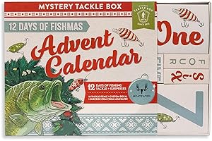 CATCH CO Mystery Tackle Box 12 Days of Fishmas Advent Calendar – Bass Fishing Lure Gift Set with 35 baits & lures including 10 Premium Baits, Holiday Decal & Meateater Trivia Pack