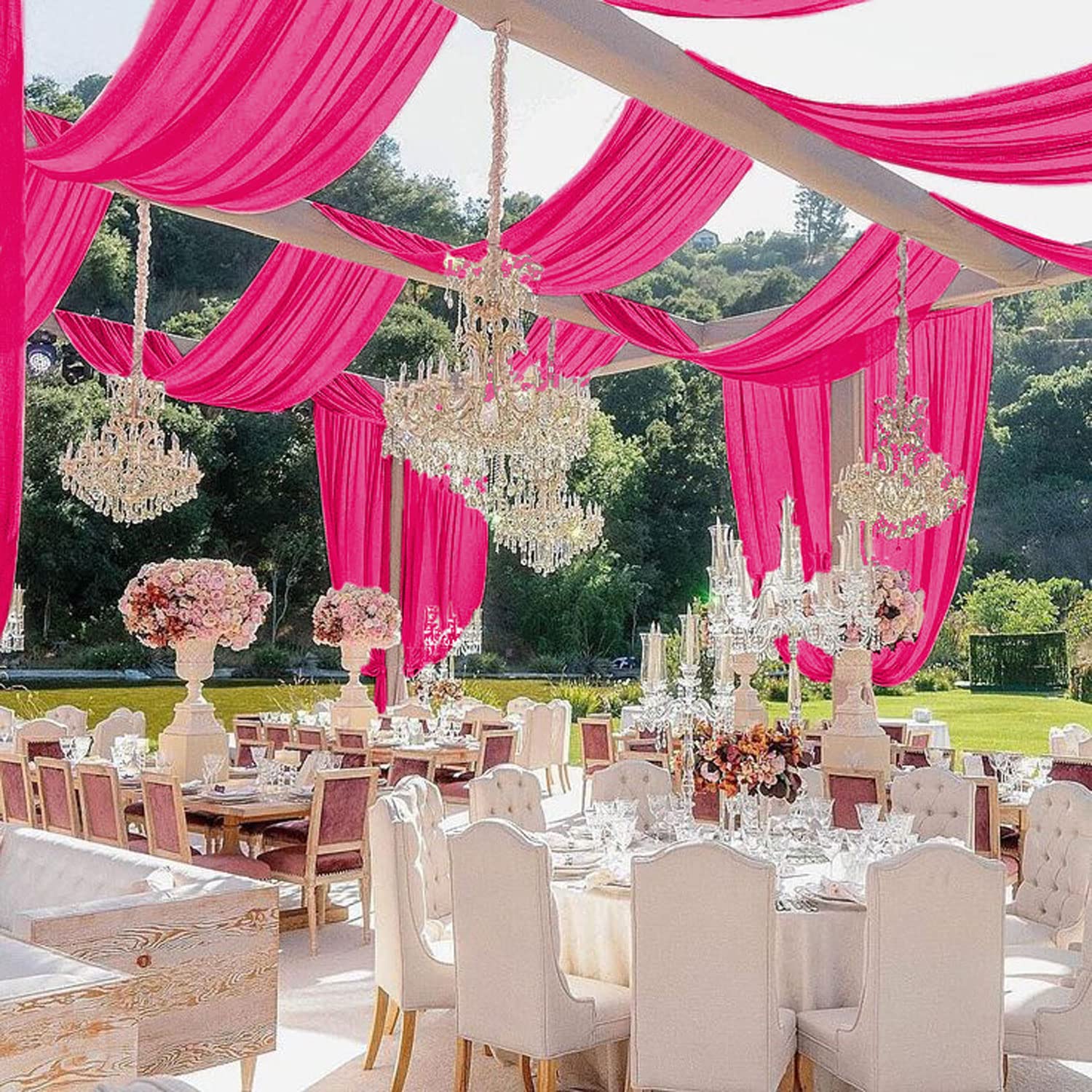 Photo 1 of MODFUNS Wedding Ceiling Draping Hot Pink Arch Drapes 5x30FT 4 Panels Chiffon Fabric Drapery Ceiling Drapes Panels Sheer Backdrop Curtains Ceiling Sheers for Wedding Birthday Celebration Decoration