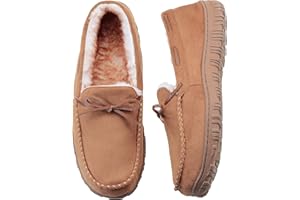 VLLy Mens Moccasin Slippers with Memory Foam Arch Support, Non Slip Rubber Sole House Shoes for Men Machine Washable Warm Fleece Lined Indoor Outdoor Home Shoes