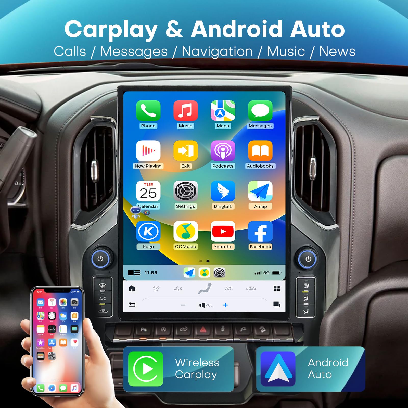 15.6 Inch Android Car Radio for GMC Sierra & Chevrolet Silverado 2019 2020 2021 2022 2023, Wireless CarPlay & Android Auto, GPS Navigation, 8G RAM + 128GB ROM, Retains Original Controls & Functions