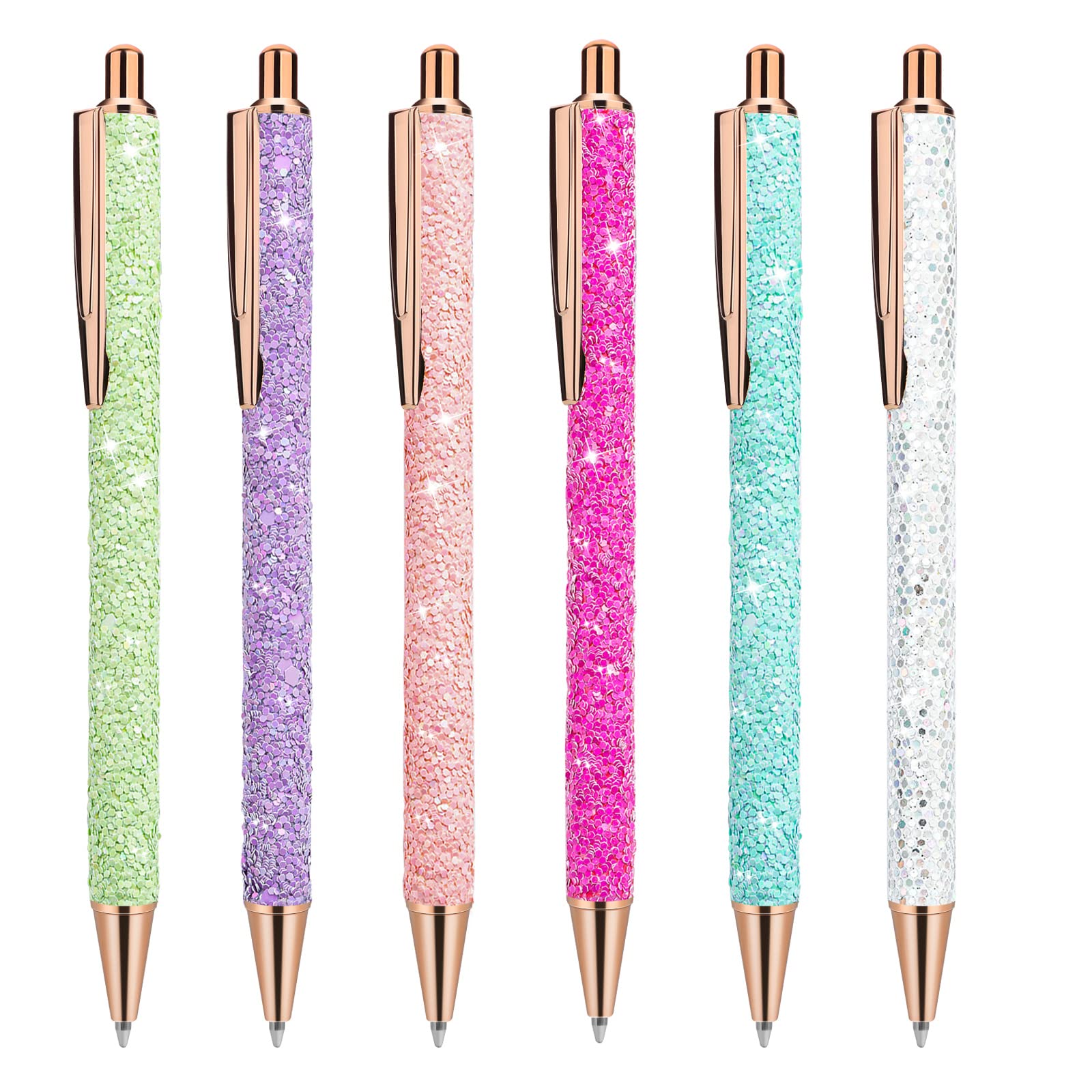 Cobee Bling Metal Pens, 6pcs Click Retractable Ballpoint Pens, 1.0mm Black Ink Ballpoint Pens, Metal Glitter Ballpoint Pens for Men, Women, School, Office, Home, Drawing(Sequins Style)