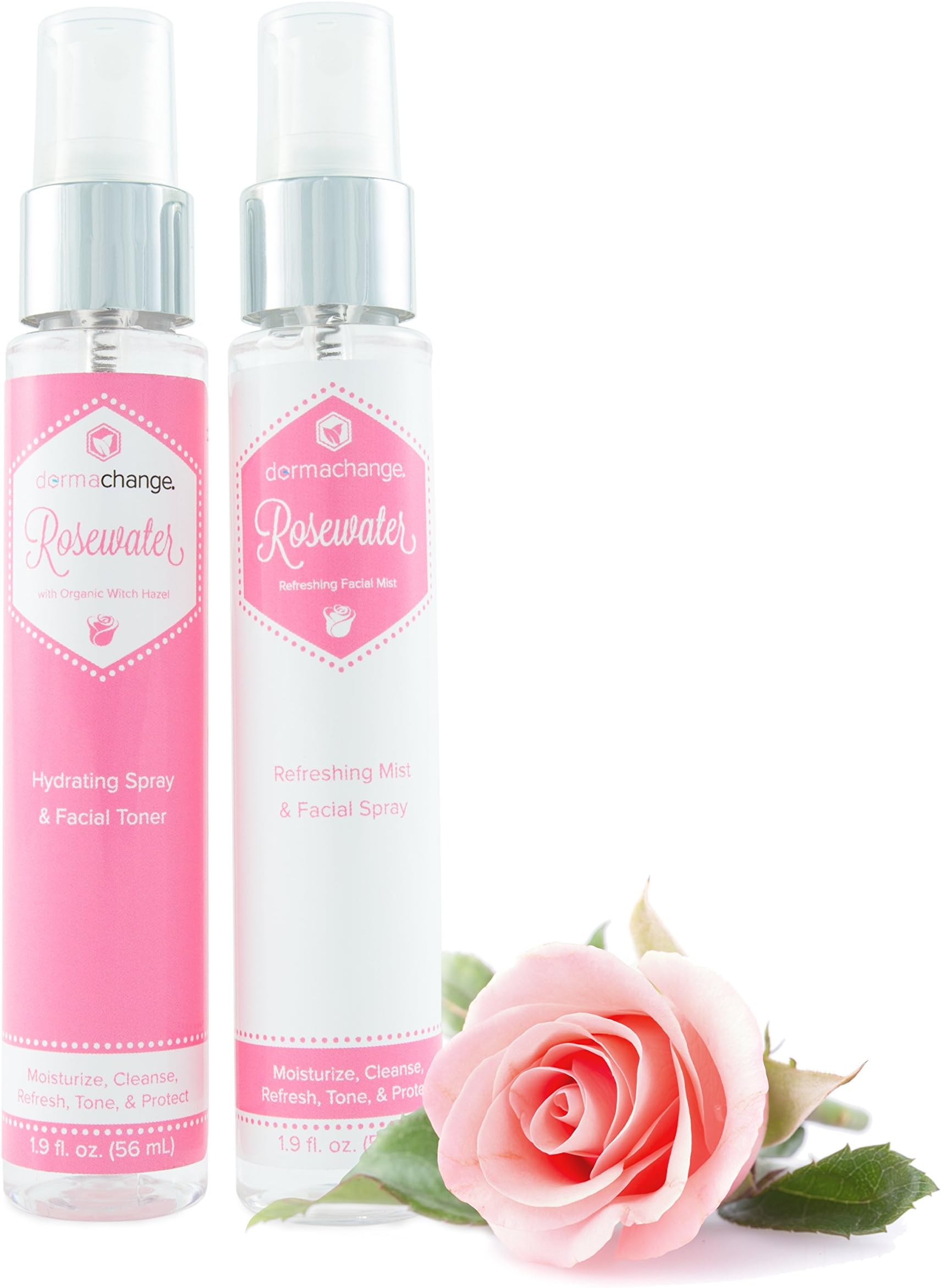 Hydrating Rosewater Spray for Face & Refreshing Toner Mist Set - with Organic Witch Hazel, Aloe Vera & Willow Bark - Anti Aging Facial Moisturizer and Pore Minimizer - Makeup Setting Spray (1.9 oz)