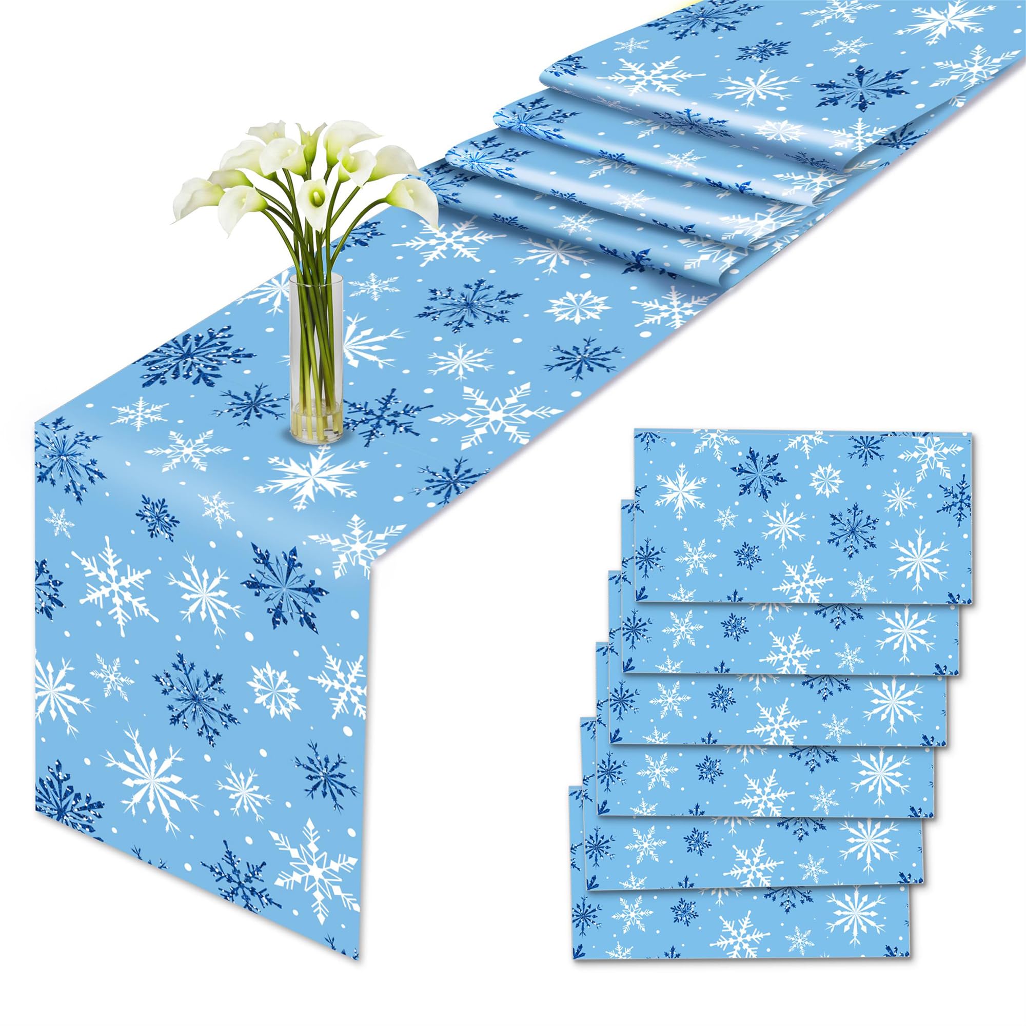 Photo 1 of 6 Pcs Plastic Snowflake Christmas Table Runners 14" x 108" Christmas Party Decoration Snowflake Christmas Theme Birthday Party Supplies Disposable Table Runner for Christmas Winter Table Décor
