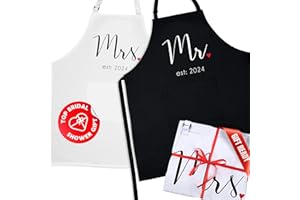 PRAZOLI PRODUCTS Prazoli His and Her Aprons - Mr Mrs Established 2024 Couples Engagement Gift, Cute Bridal Shower Gift Anniversary Wedding Registry Items & Decoration, Housewarming Gifts For New Home Newlywed Gift